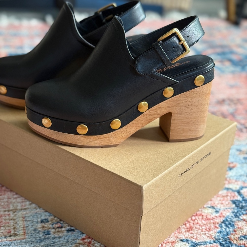 Charlotte Stone size 8 Hari black leather wooden heeled slingback clogs